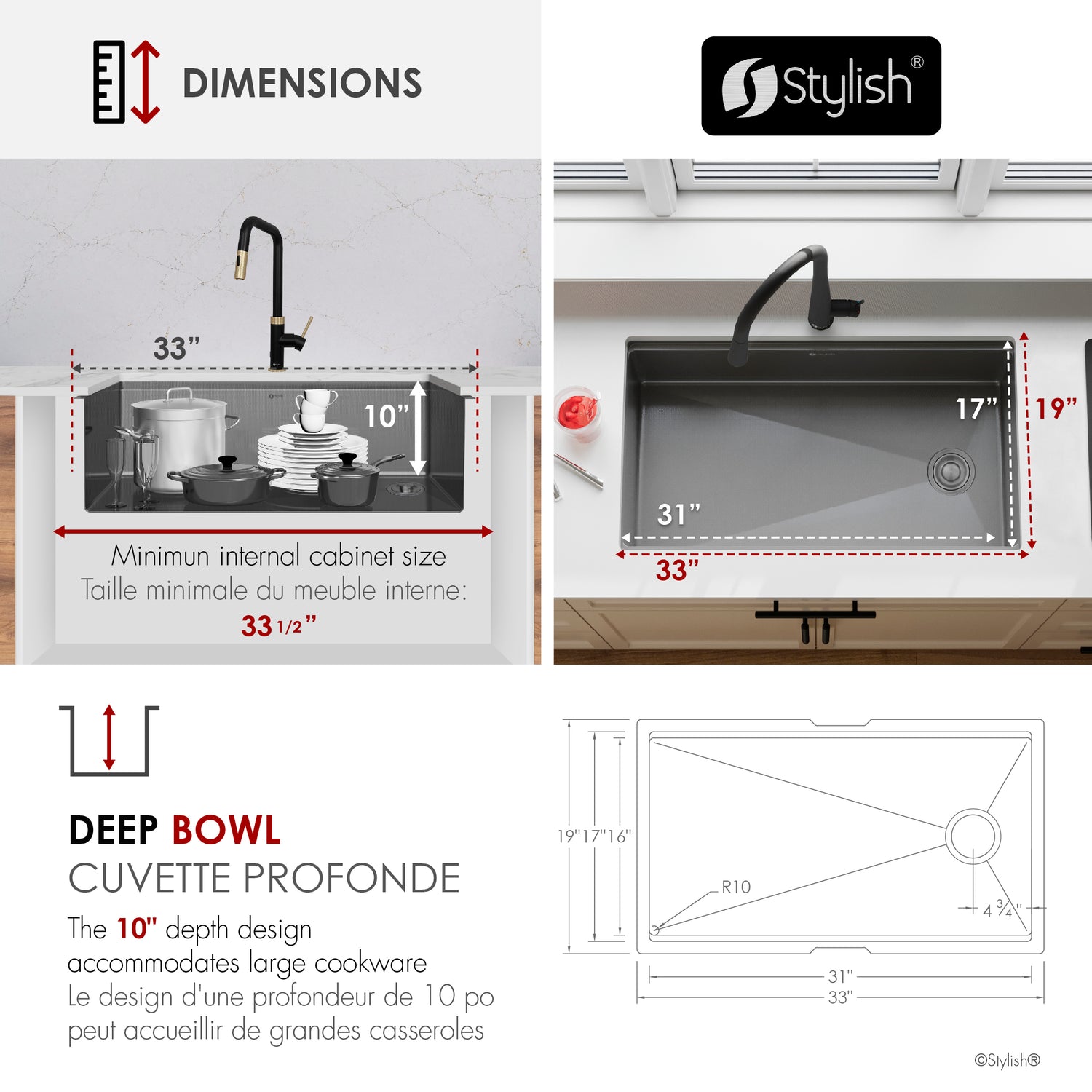 Undermount 33 inch Workstation Single Bowl Kitchen Sink with Dura-Tek finish and Accessories