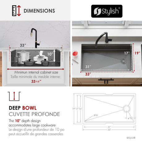 Undermount 33 inch Workstation Single Bowl Kitchen Sink with Dura-Tek finish and Accessories