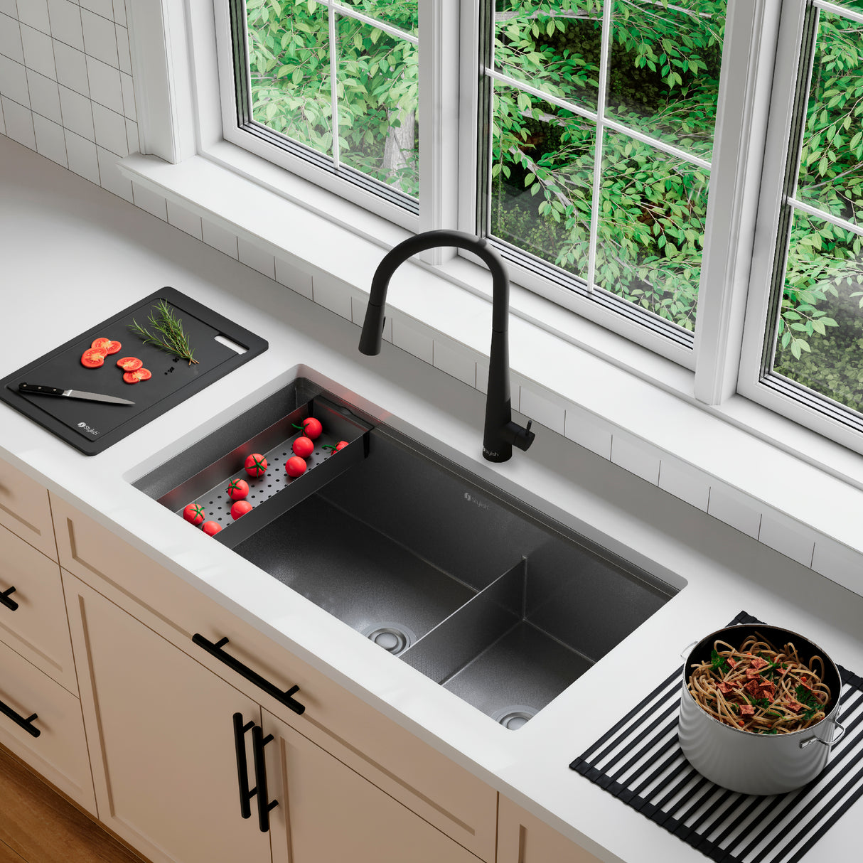 Undermount 36 inch Workstation 60/40 Double Bowl Kitchen Sink with Dura-Tek finish and Accessories