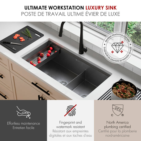 Undermount 36 inch Workstation 60/40 Double Bowl Kitchen Sink with Dura-Tek finish and Accessories