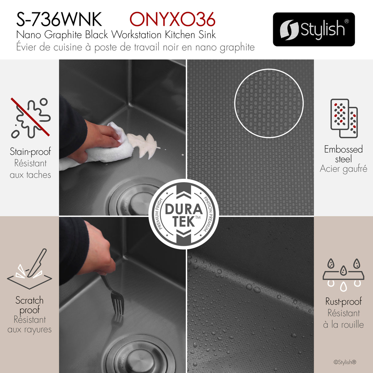 Undermount 36 inch Workstation 60/40 Double Bowl Kitchen Sink with Dura-Tek finish and Accessories