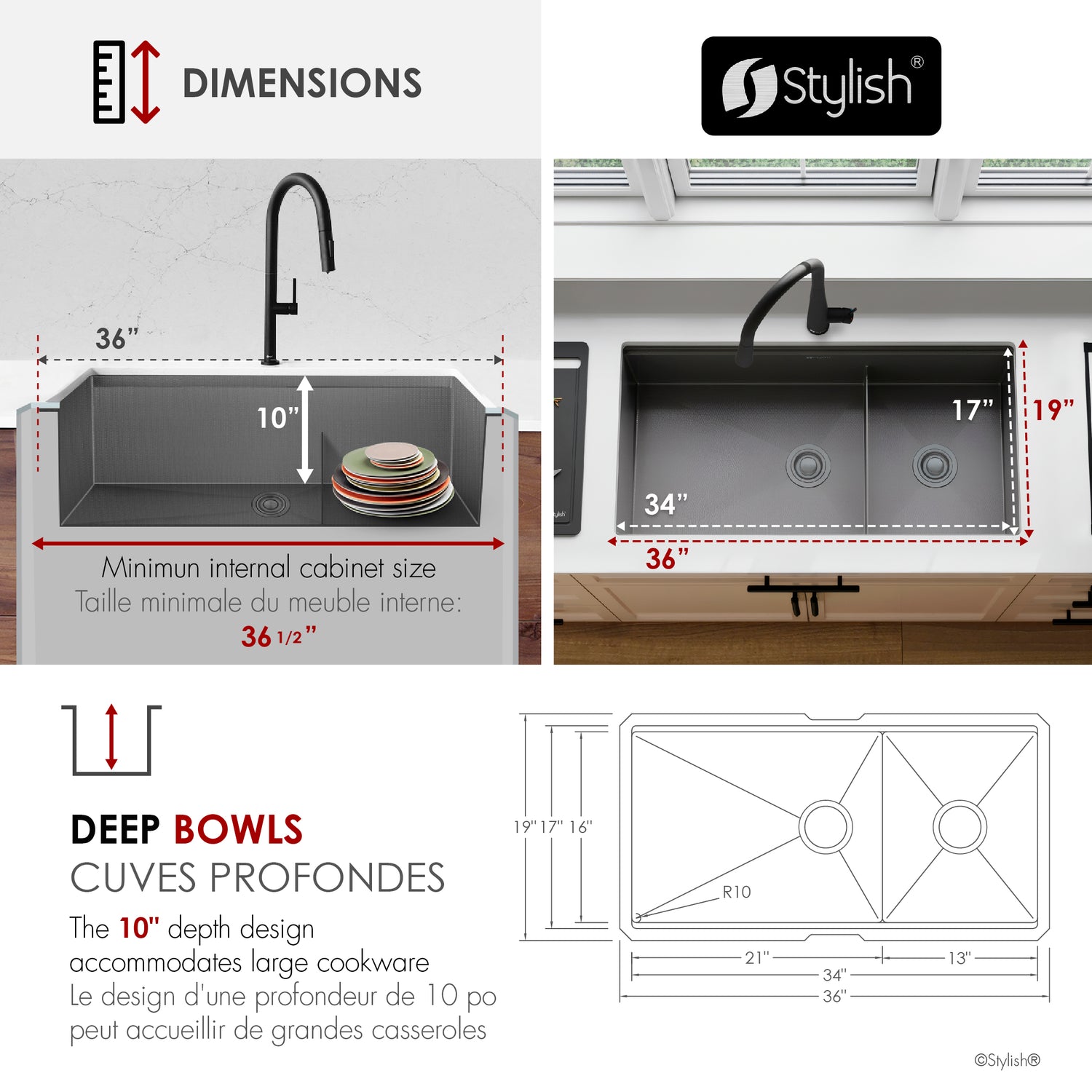 Undermount 36 inch Workstation 60/40 Double Bowl Kitchen Sink with Dura-Tek finish and Accessories