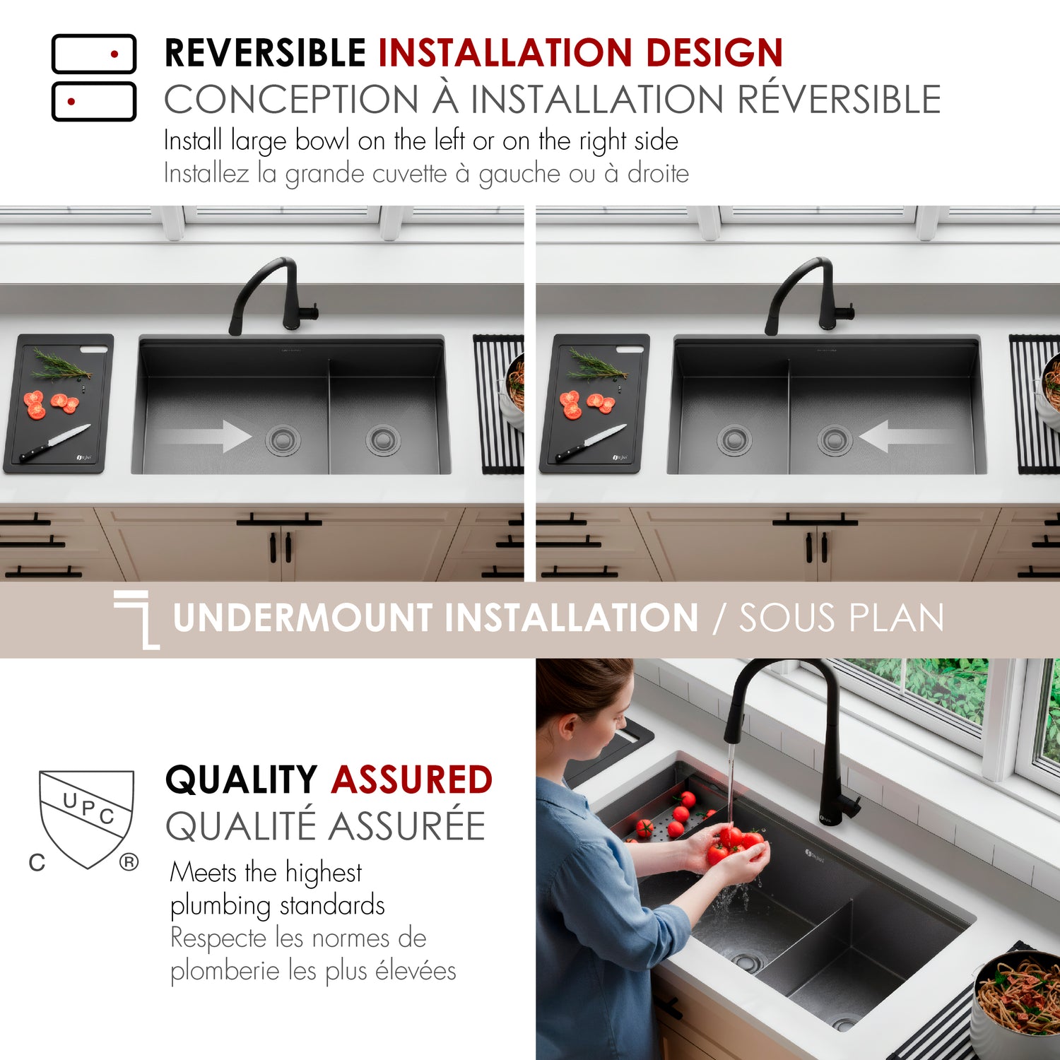 Undermount 36 inch Workstation 60/40 Double Bowl Kitchen Sink with Dura-Tek finish and Accessories