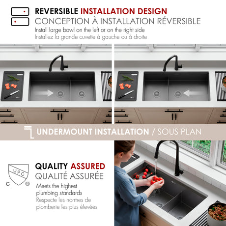 Undermount 36 inch Workstation 60/40 Double Bowl Kitchen Sink with Dura-Tek finish and Accessories