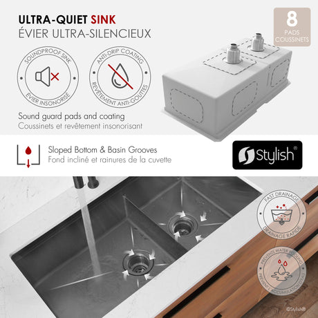 Undermount 36 inch Workstation 60/40 Double Bowl Kitchen Sink with Dura-Tek finish and Accessories