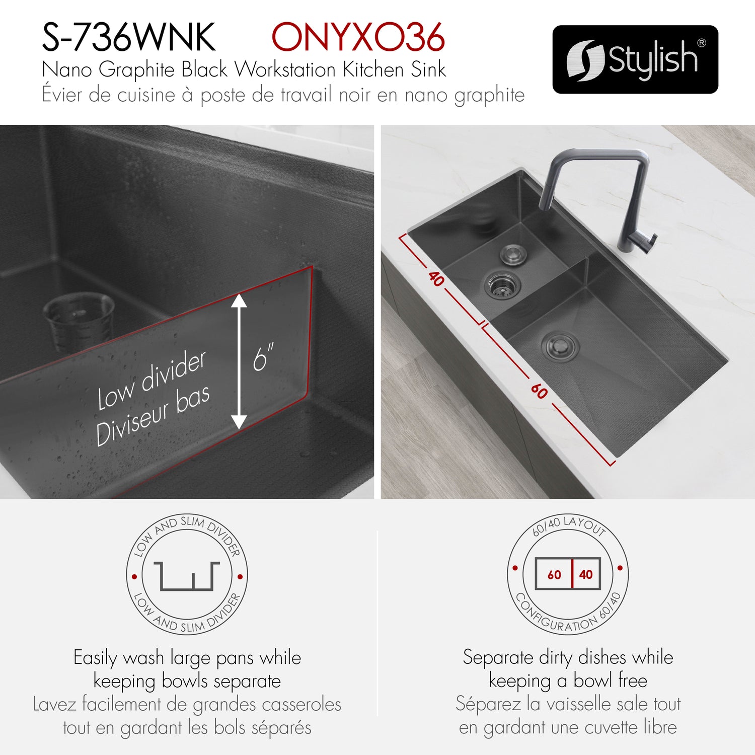 Undermount 36 inch Workstation 60/40 Double Bowl Kitchen Sink with Dura-Tek finish and Accessories