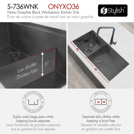 Undermount 36 inch Workstation 60/40 Double Bowl Kitchen Sink with Dura-Tek finish and Accessories