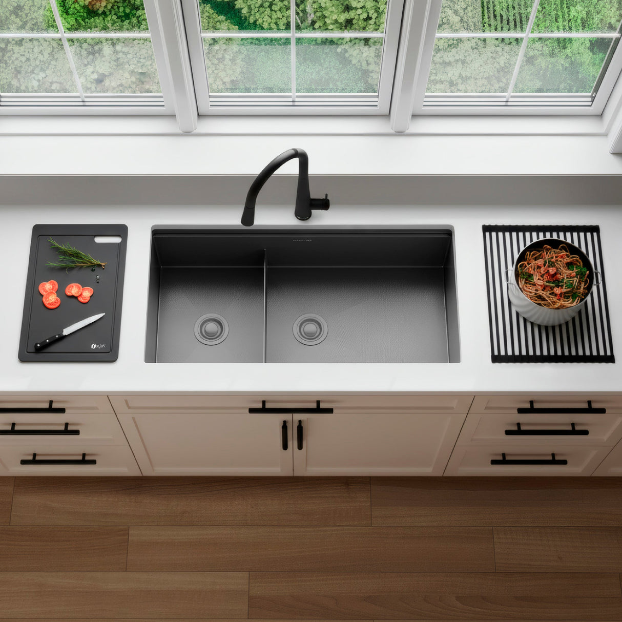 Undermount 36 Inch Workstation 6040 Double Bowl Kitchen Sink With Dura Tek Finish And Accessories