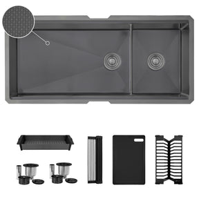 Undermount 42 inch Workstation 70/30 Double Bowl Kitchen Sink with Dura-Tek finish and Accessories