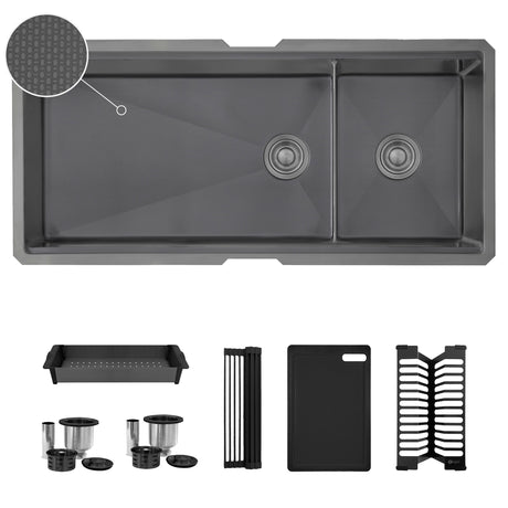 Undermount 42 inch Workstation 70/30 Double Bowl Kitchen Sink with Dura-Tek finish and Accessories