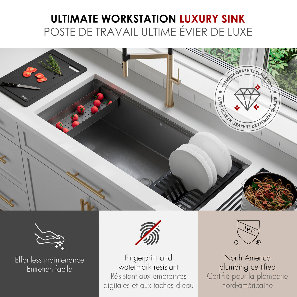 Undermount 42 inch Workstation 70/30 Double Bowl Kitchen Sink with Dura-Tek finish and Accessories