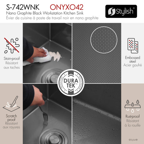 Undermount 42 inch Workstation 70/30 Double Bowl Kitchen Sink with Dura-Tek finish and Accessories