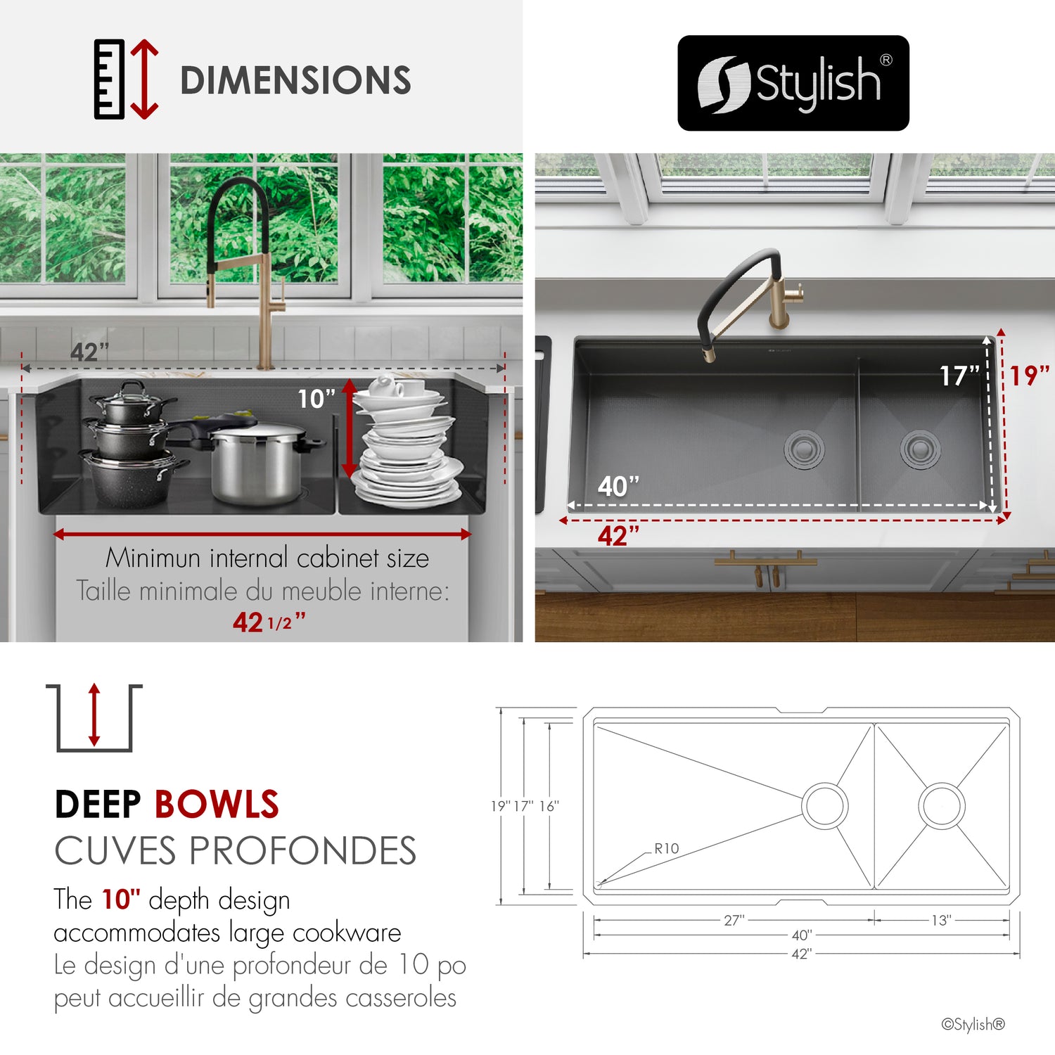 Undermount 42 inch Workstation 70/30 Double Bowl Kitchen Sink with Dura-Tek finish and Accessories