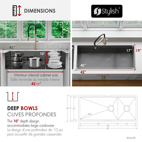 Undermount 42 inch Workstation 70/30 Double Bowl Kitchen Sink with Dura-Tek finish and Accessories