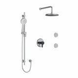 Type T/P (thermostatic/pressure balance) " coaxial 3-way system, hand shower rail, elbow supply, shower head and 2 body jets