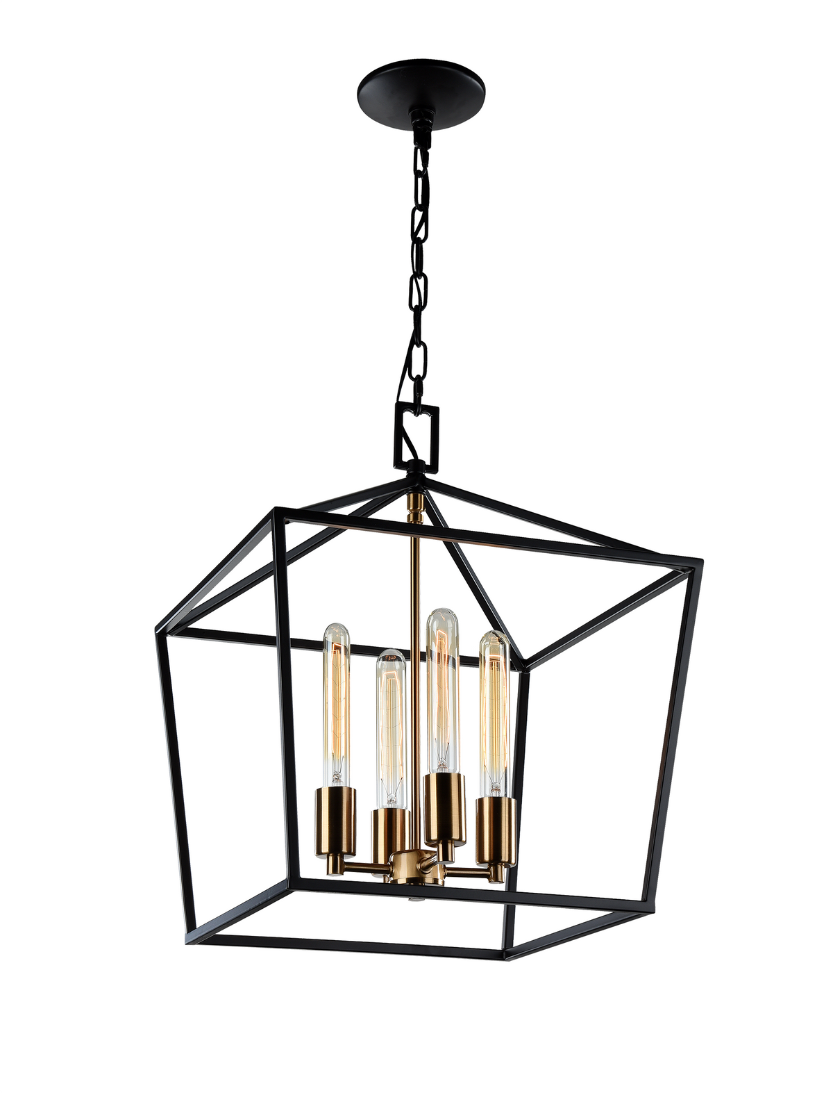 Matteo Scatola 4-light lantern chandelier on a chain with tube bulbs, front view