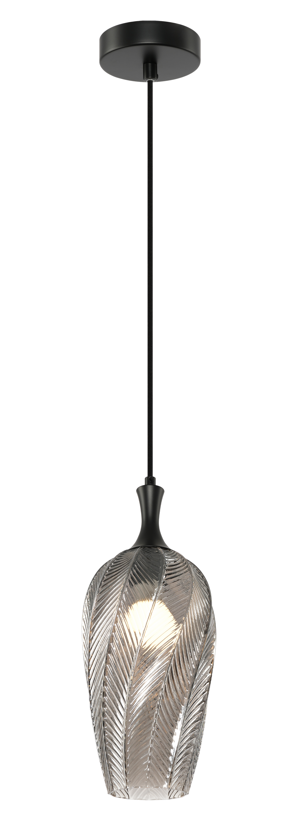 Matteo Eesha 1-light leaf-pattern glass pendant in Matte Black + Smoked Glass