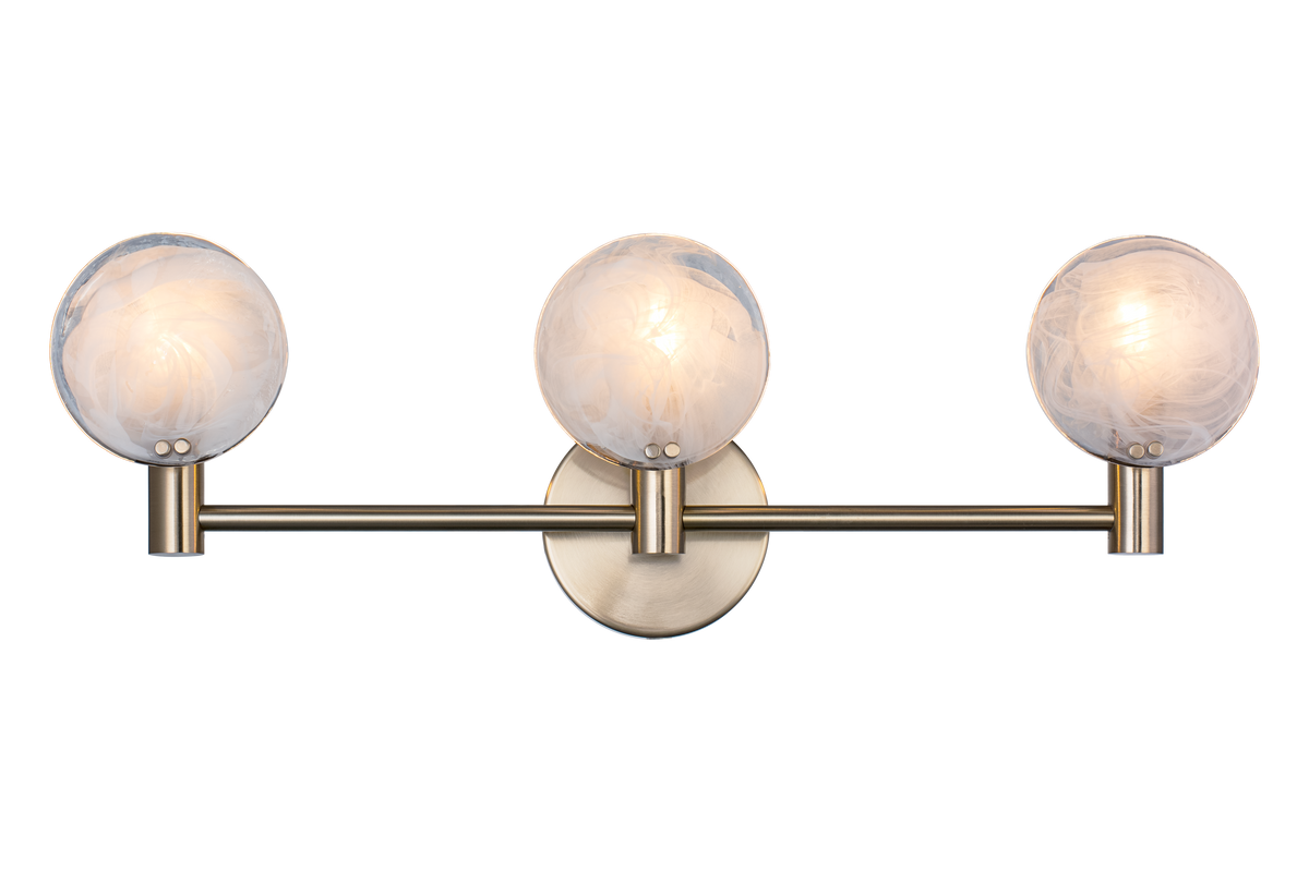 Matteo 3-light vanity wall sconce with swirl glass globes, full view