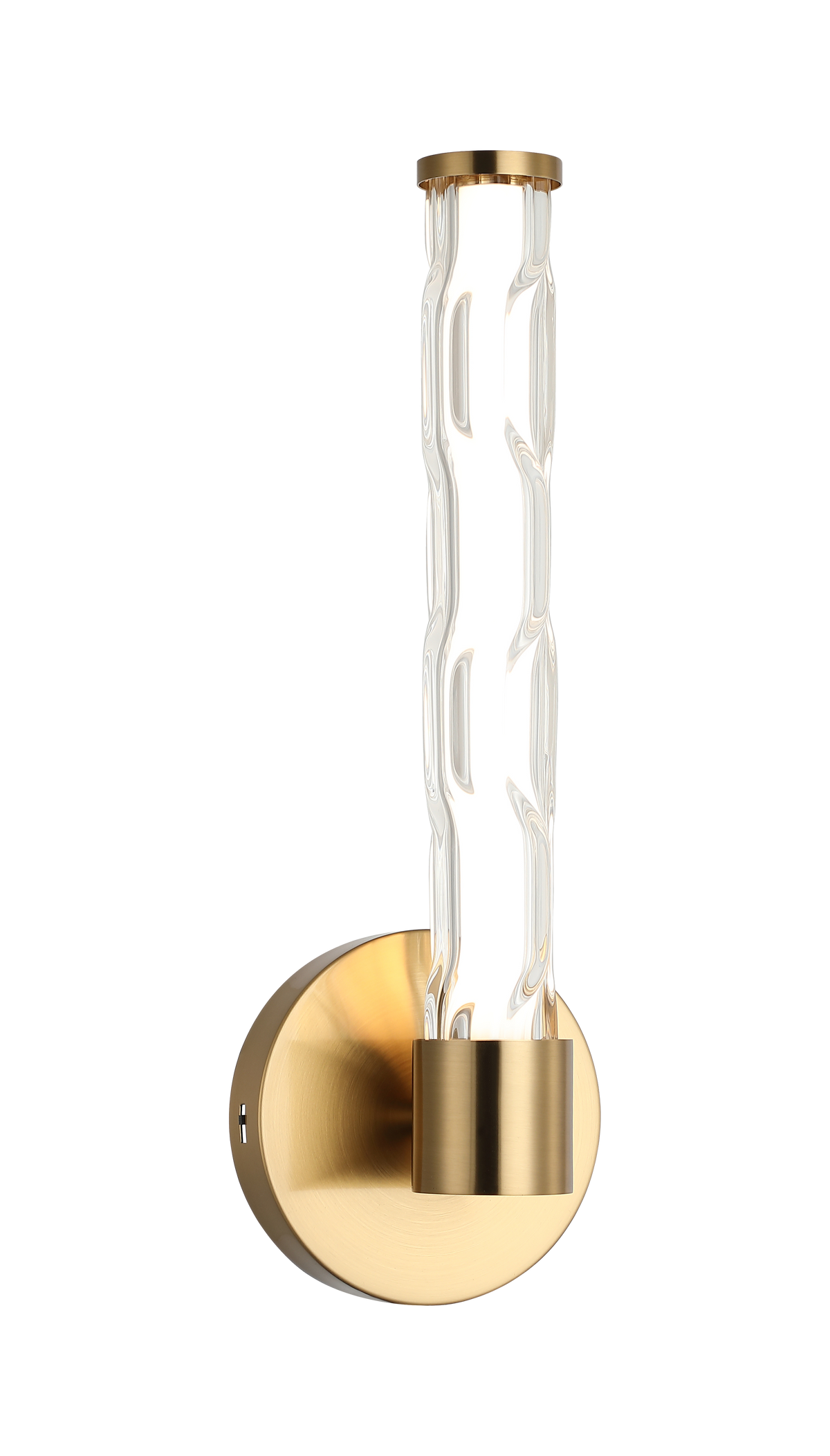 LED wall sconce in Aged Gold Brass with round backplate, angled view