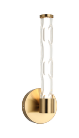LED wall sconce in Aged Gold Brass with round backplate, angled view