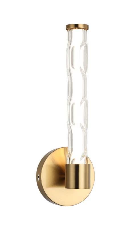 LED wall sconce in Aged Gold Brass with round backplate, angled view