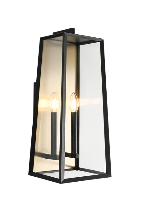 Matteo Aviv outdoor lantern showing candle-style bulbs, angled view