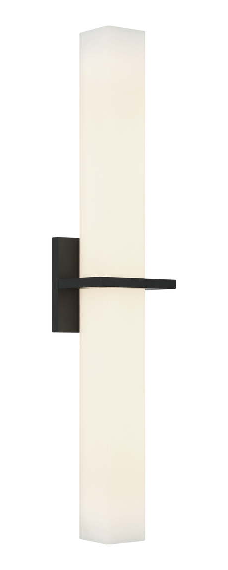 Matteo Rindlen S15524 LED vanity sconce in Matte Black, angled view of the glass shade
