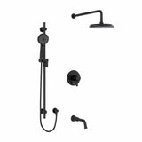 Type T/P (thermostatic/pressure balance) " coaxial 3-way system with hand shower rail, shower head and spout