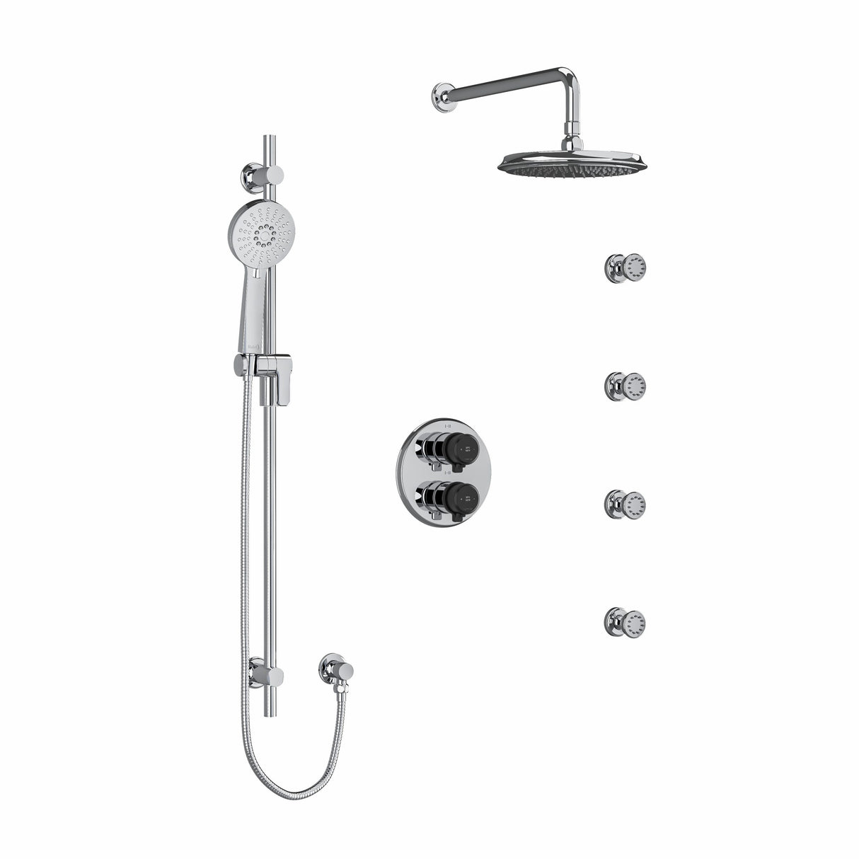 Type T/P (thermostatic/pressure balance) double coaxial system with hand shower rail, 4 body jets and shower head