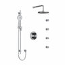 Type T/P (thermostatic/pressure balance) double coaxial system with hand shower rail, 4 body jets and shower head