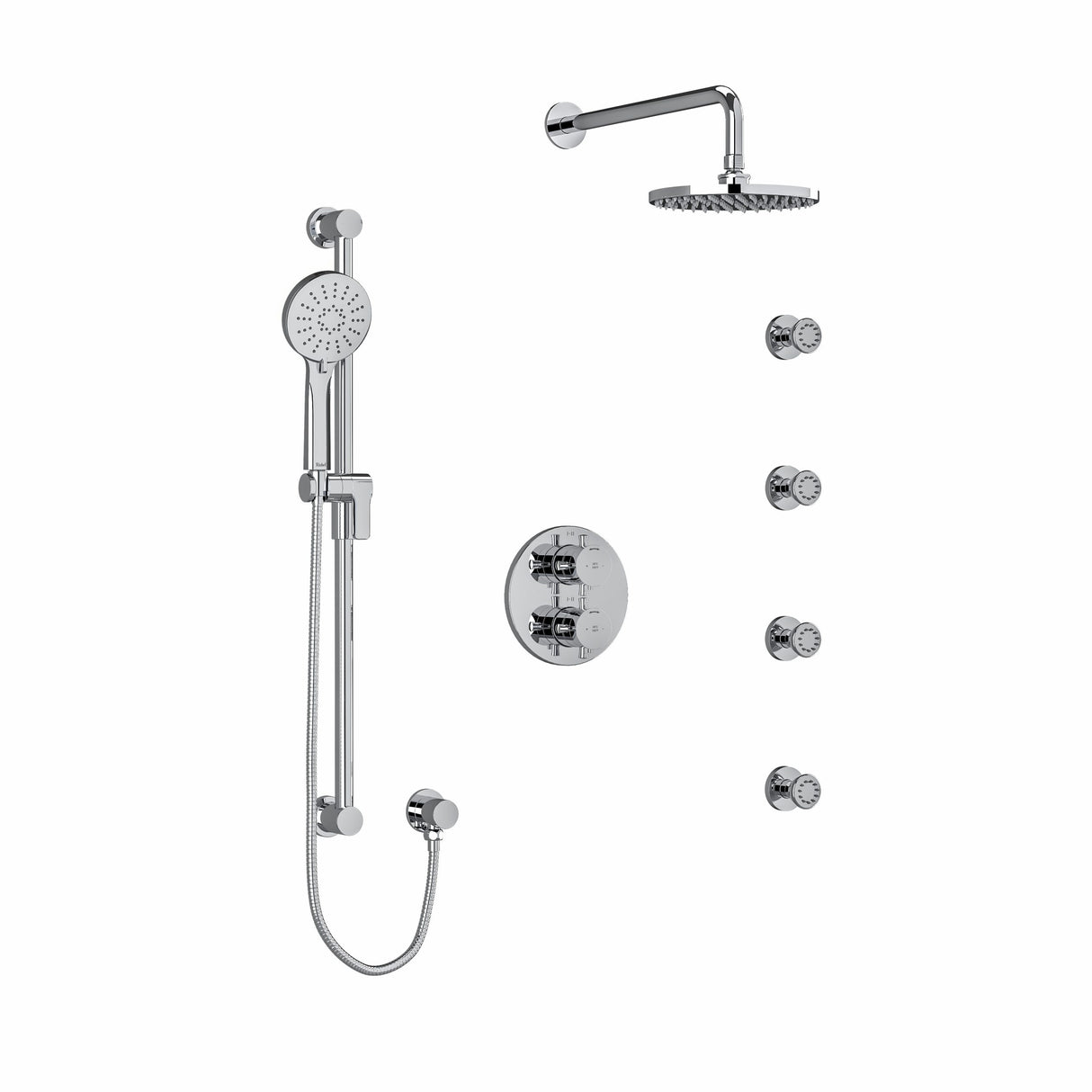 Type T/P (thermostatic/pressure balance) double coaxial system with hand shower rail, 4 body jets and shower head
