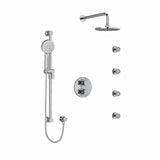 Type T/P (thermostatic/pressure balance) double coaxial system with hand shower rail, 4 body jets and shower head