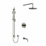 Type T/P (thermostatic/pressure balance) " coaxial 3-way system with hand shower rail, shower head and spout
