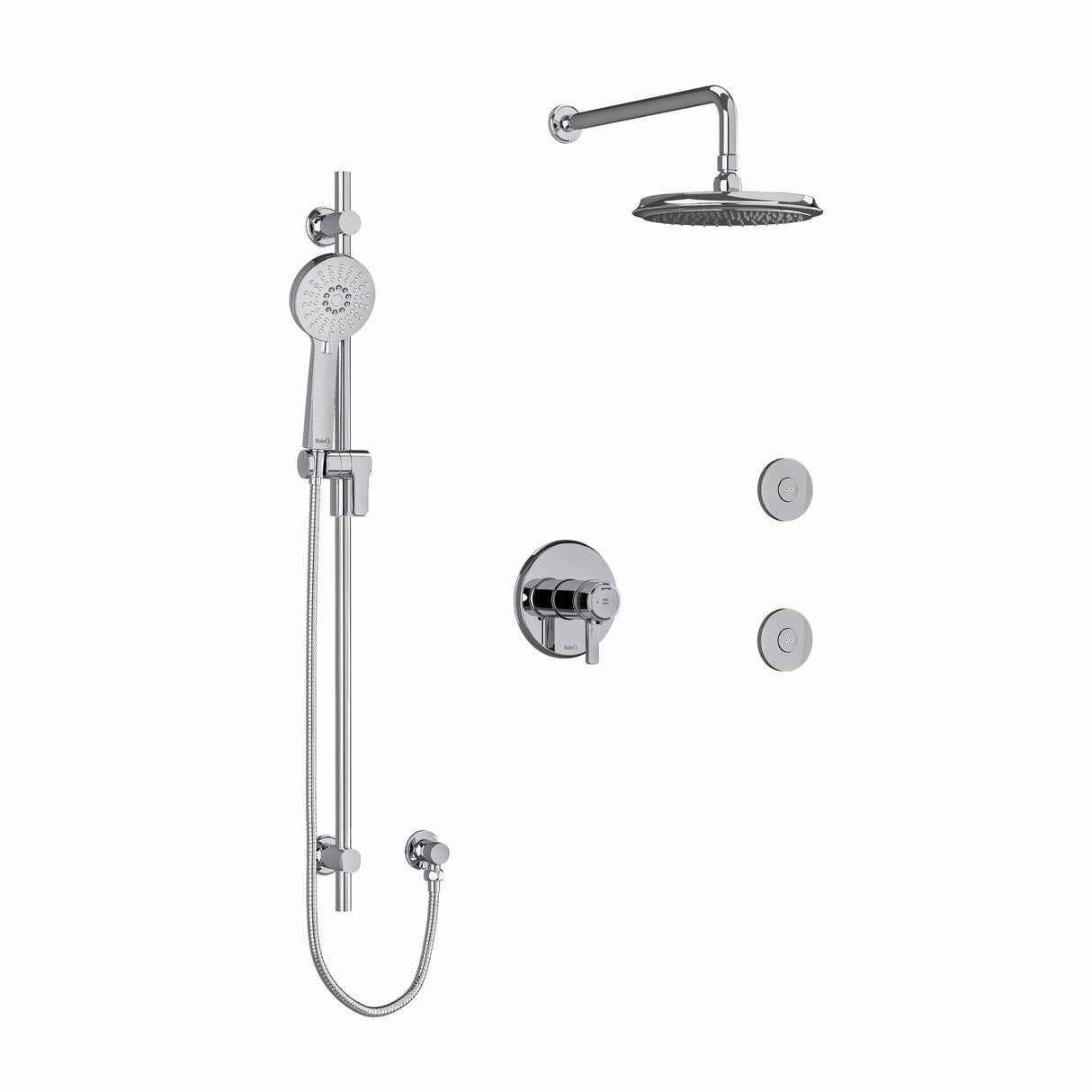 Type T/P (thermostatic/pressure balance) " coaxial 3-way system, hand shower rail, elbow supply, shower head and 2 body jets