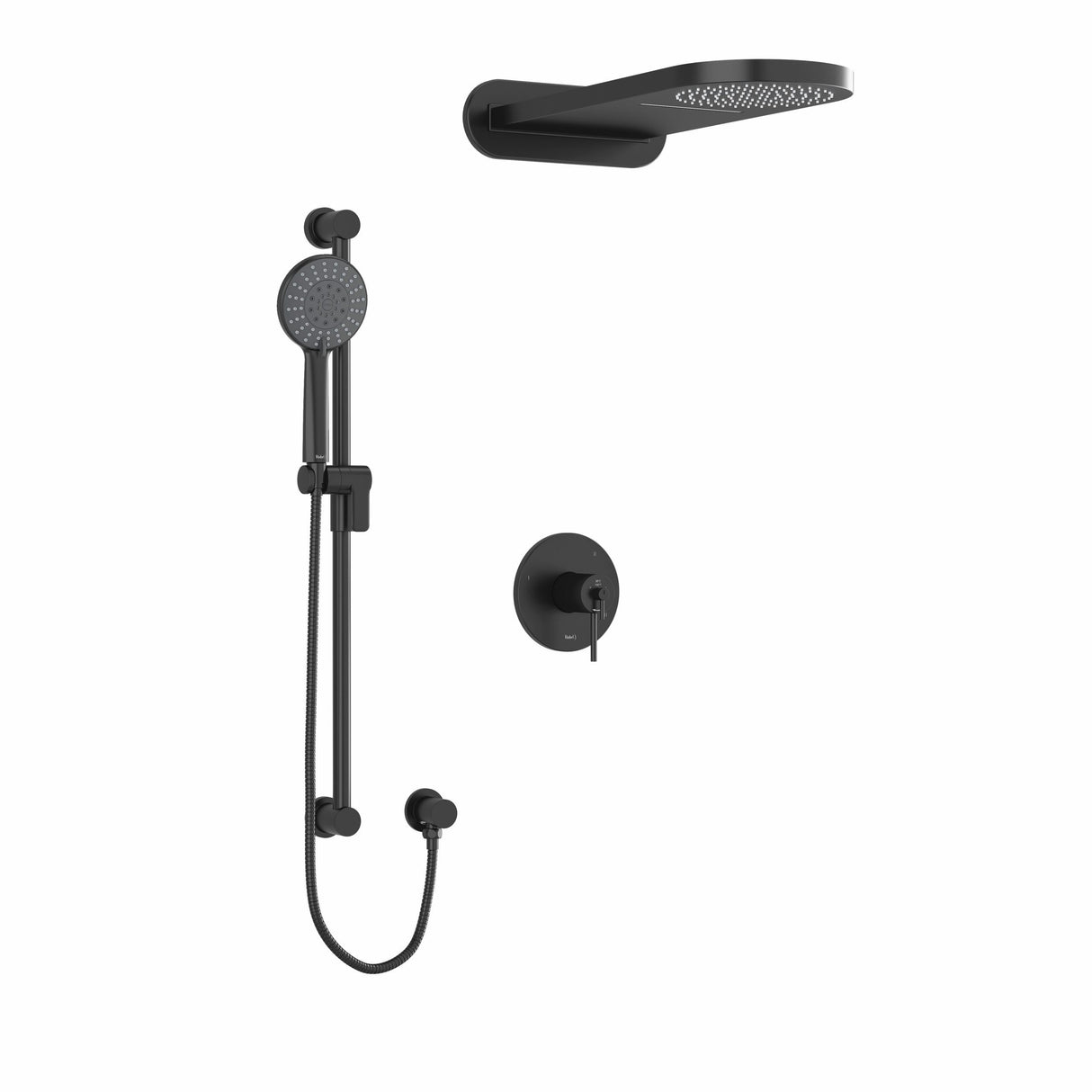 Type T/P (thermostatic/pressure balance) ½" coaxial 3-way system with hand shower rail and rain and cascade shower head