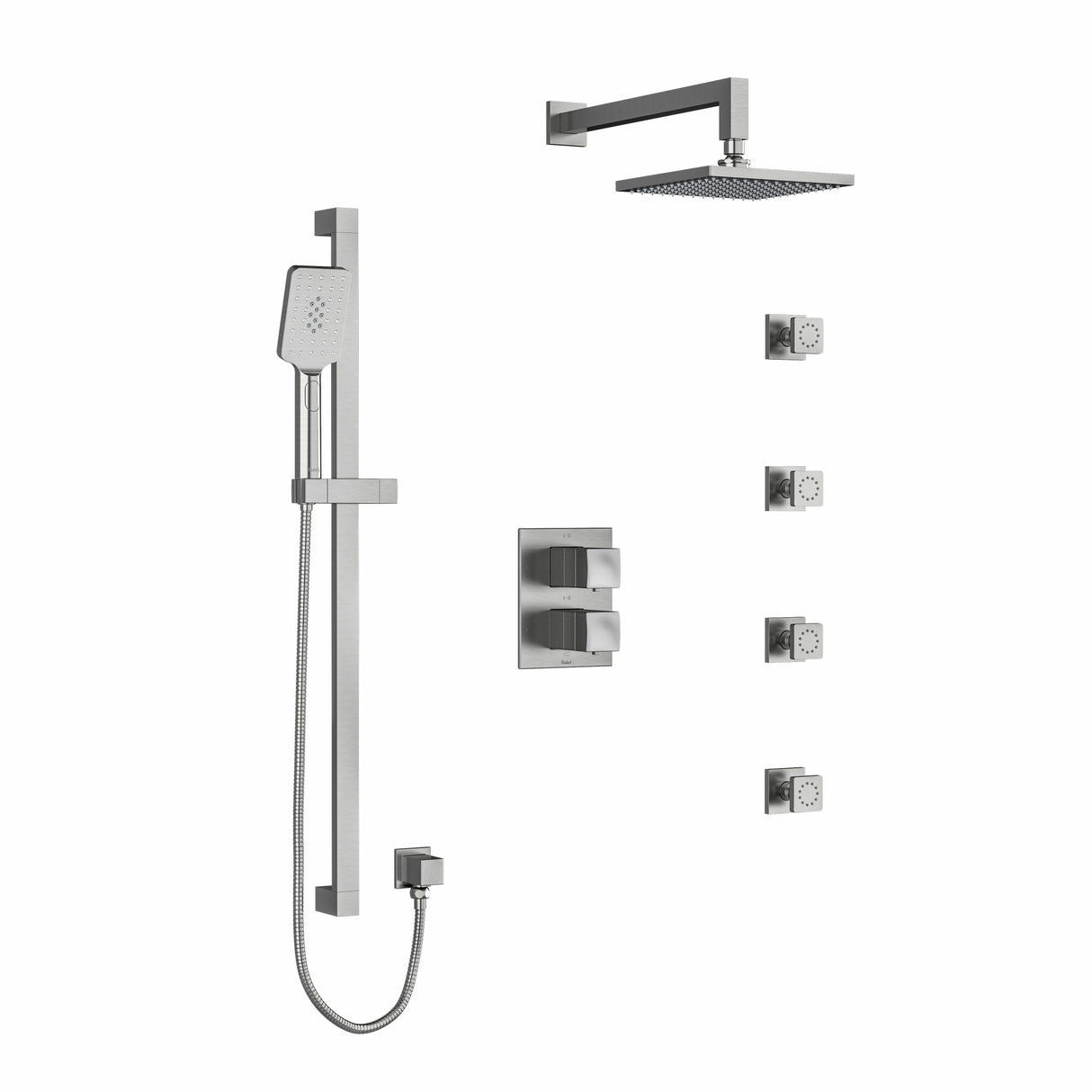 Type T/P (thermostatic/pressure balance) double coaxial system with hand shower rail, 4 body jets and shower head