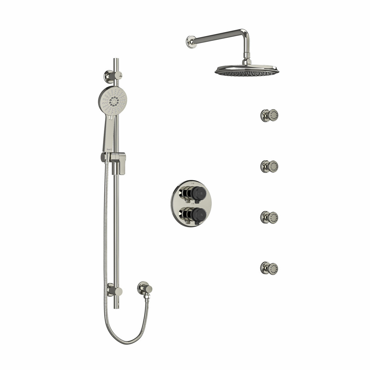 Type T/P (thermostatic/pressure balance) double coaxial system with hand shower rail, 4 body jets and shower head