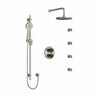 Type T/P (thermostatic/pressure balance) double coaxial system with hand shower rail, 4 body jets and shower head