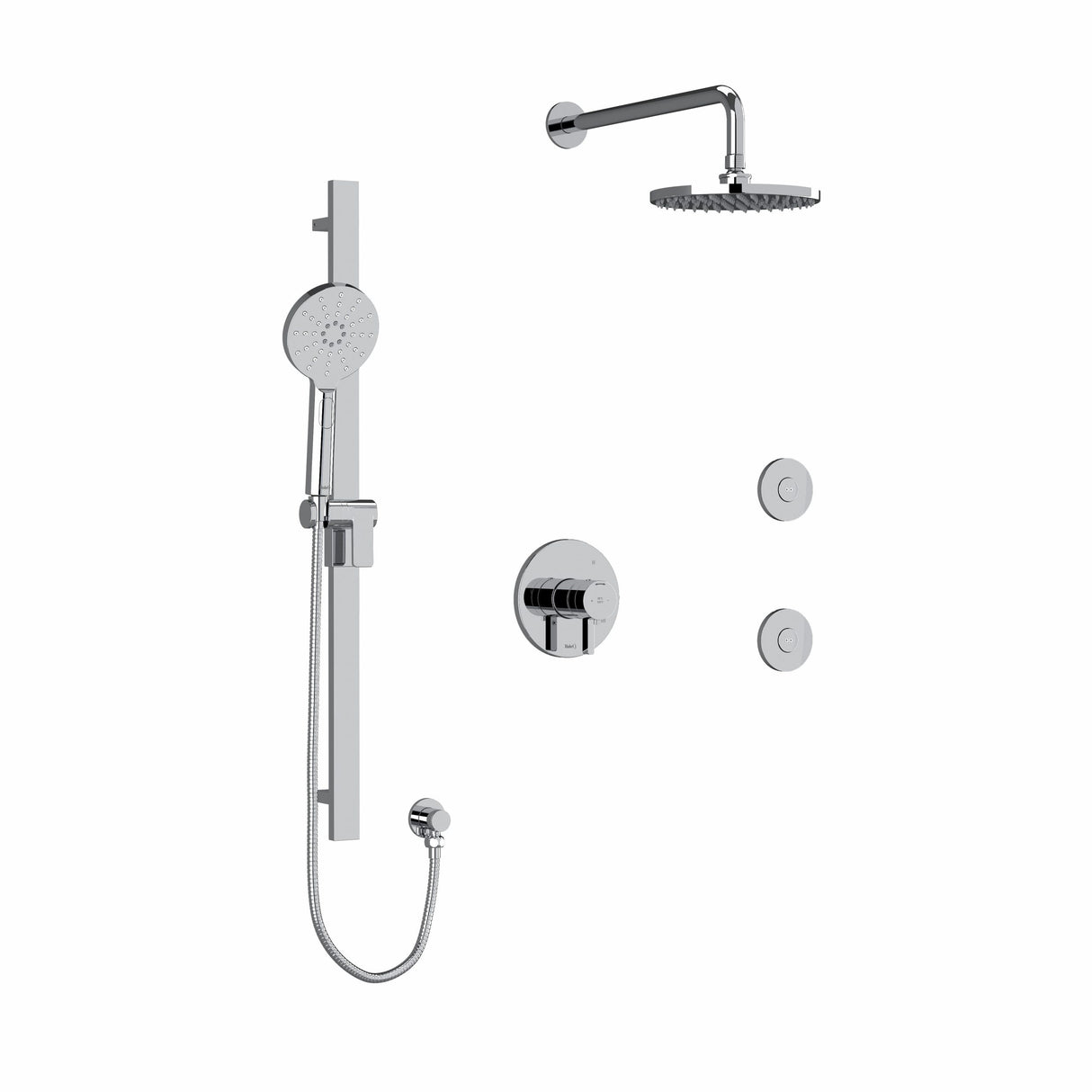 Type T/P (thermostatic/pressure balance) " coaxial 3-way system, hand shower rail, elbow supply, shower head and 2 body jets