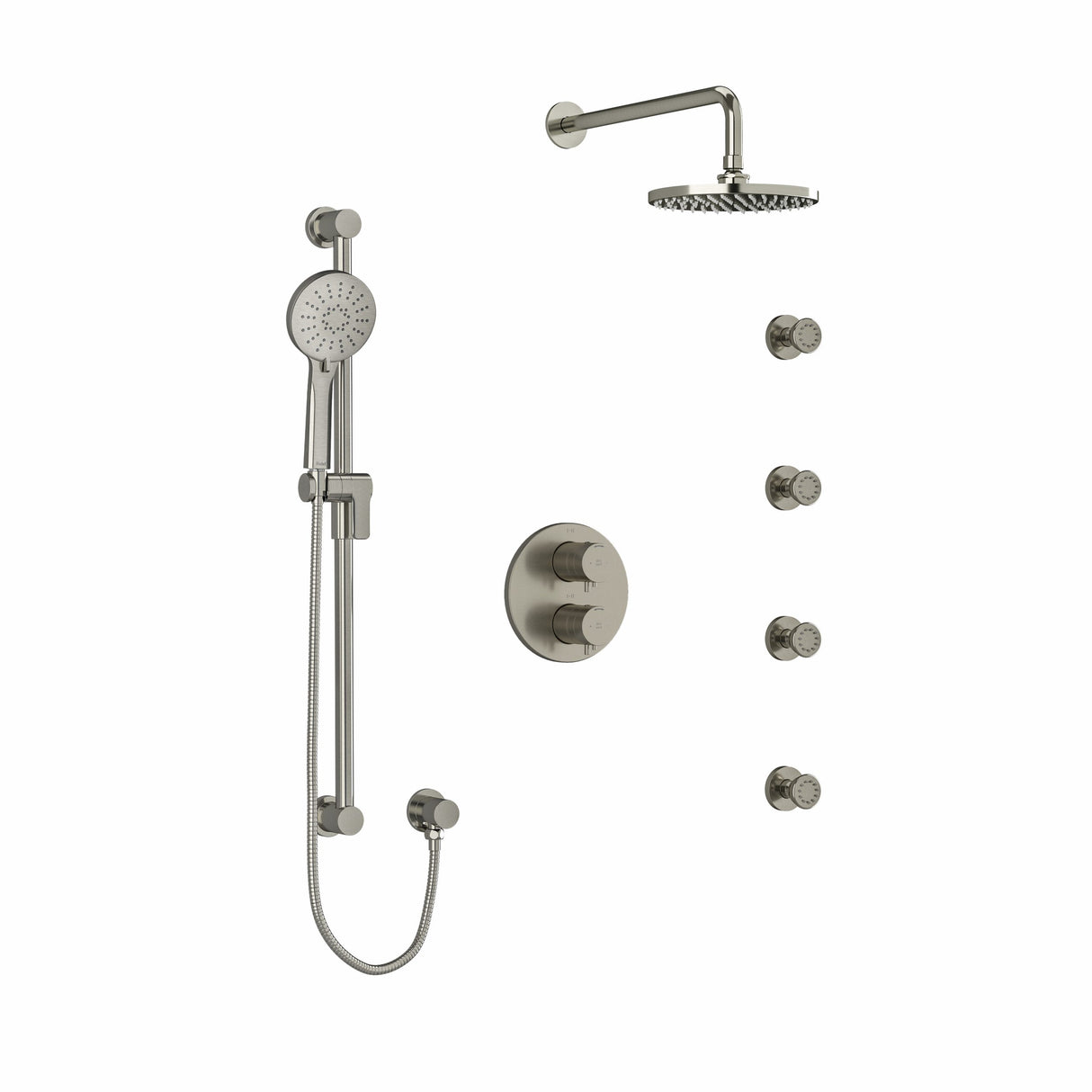 Type T/P (thermostatic/pressure balance) double coaxial system with hand shower rail, 4 body jets and shower head