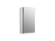 15" W x 26" H aluminum single-door medicine cabinet with mirrored door, beveled edges