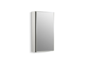 15" W x 26" H aluminum single-door medicine cabinet with mirrored door, beveled edges