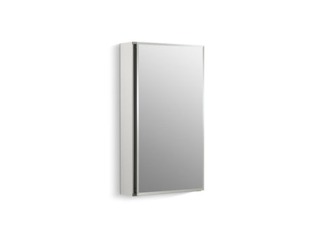 15" W x 26" H aluminum single-door medicine cabinet with mirrored door, beveled edges