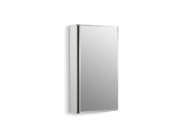 15" W x 26" H aluminum single-door medicine cabinet with mirrored door, beveled edges