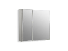 30" W x 26" H aluminum two-door medicine cabinet with mirrored doors, beveled edges