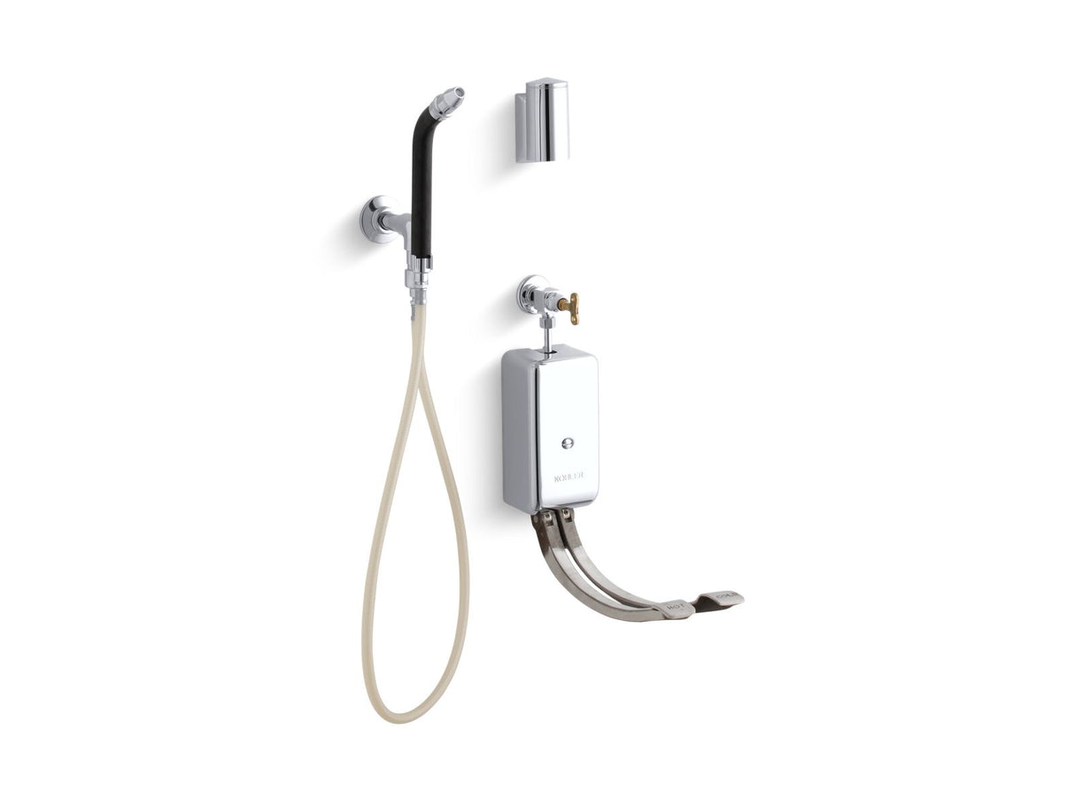 Bedpan washer with double foot control mixing valves and integral stops