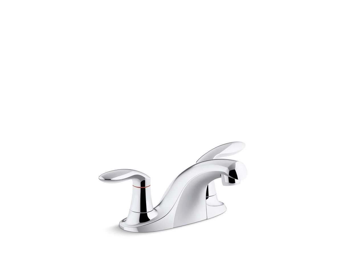 Coralais® Two-handle centerset bathroom sink faucet with grid drain, 0.5 gpm vandal-resistant aerator and red/blue indicator