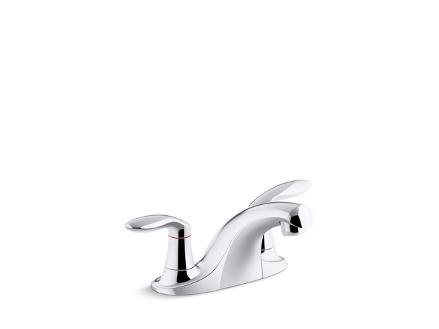 Coralais® Two-handle centerset bathroom sink faucet with grid drain, 0.5 gpm vandal-resistant aerator and red/blue indicator